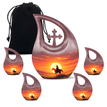 Wine Red Cowboy Cremation Urn urn with complimentary velvet bag - sacred cross merged with cowboy motif on metal - memorial set with one large and four small urns