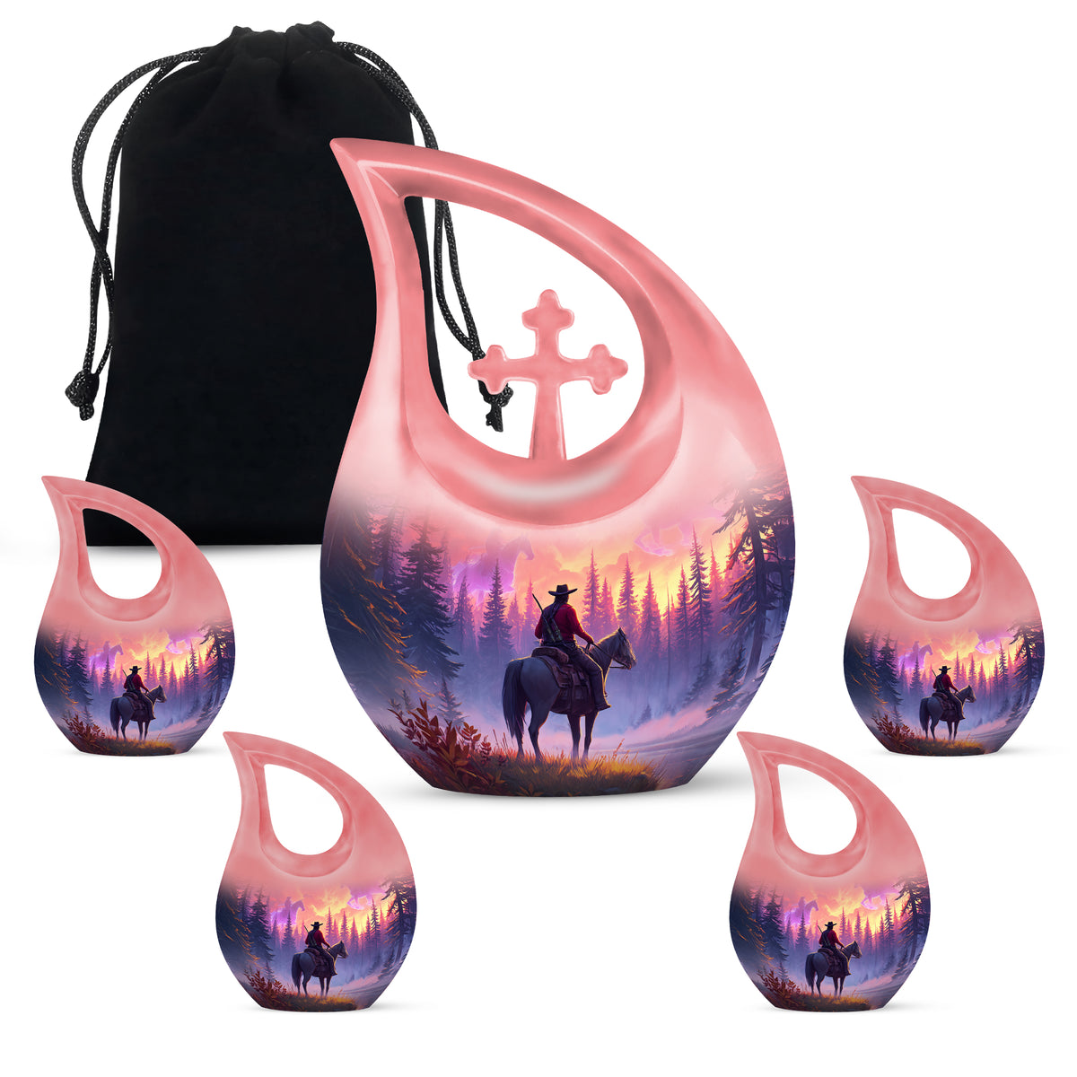Garnet Red Cowboy Cremation Urn urn with complimentary velvet bag - sacred cross merged with cowboy motif on metal - memorial set with one large and four small urns