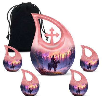 Garnet Red Cowboy Cremation Urn urn with complimentary velvet bag - sacred cross merged with cowboy motif on metal - memorial set with one large and four small urns