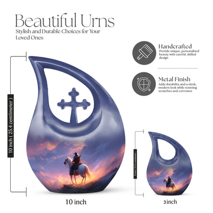 Cherry Red Cowboy Cremation Urn back view with polished surface - devotional cross-drop cowboy engraving - mini keepsake memorial for portion of cremation ashes