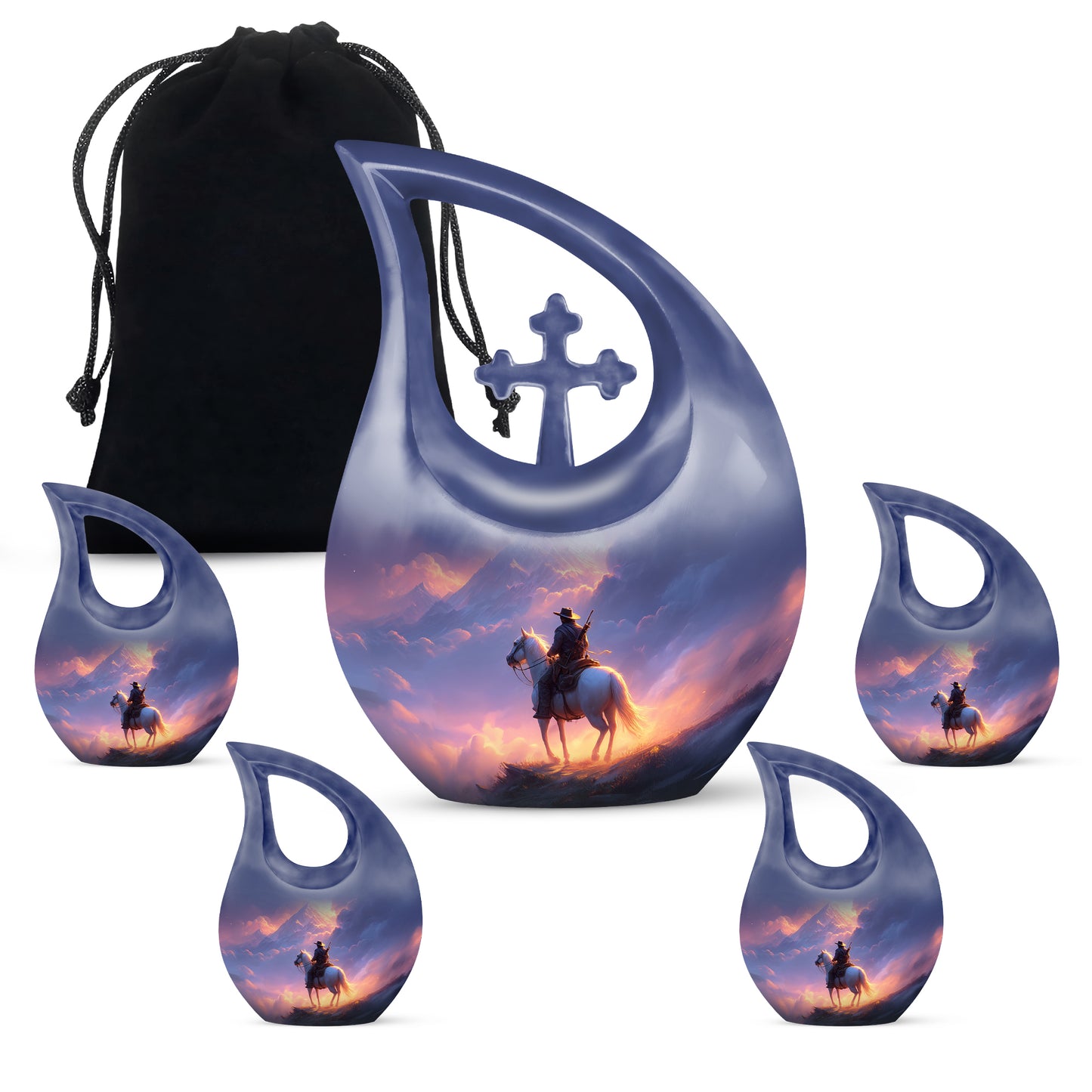 Cherry Red Cowboy Cremation Urn urn with complimentary velvet bag - faith-inspired cross-drop urn with cowboy pattern - memorial set with one large and four small urns