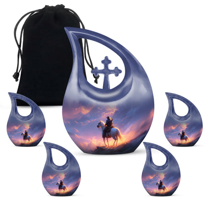 Cherry Red Cowboy Cremation Urn urn with complimentary velvet bag - faith-inspired cross-drop urn with cowboy pattern - memorial set with one large and four small urns