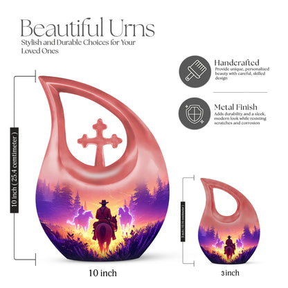 Rose Pink Cowboy Cremation Urn back view with polished surface - cross and cowboy combined in spiritual memorial design - mini keepsake memorial for portion of cremation ashes
