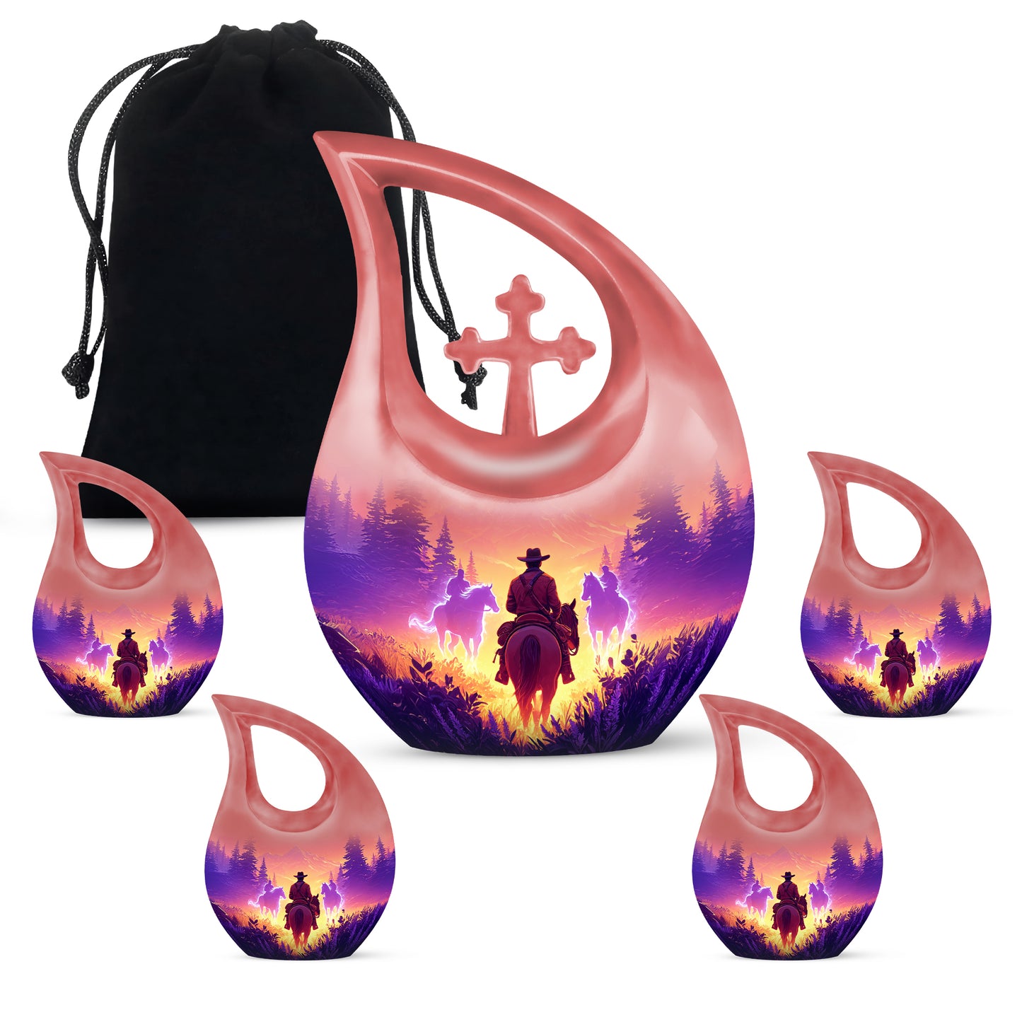 Dusty Pink Cowboy Cremation Urn urn with complimentary velvet bag - faith-inspired cross-drop urn with cowboy pattern - memorial set with one large and four small urns