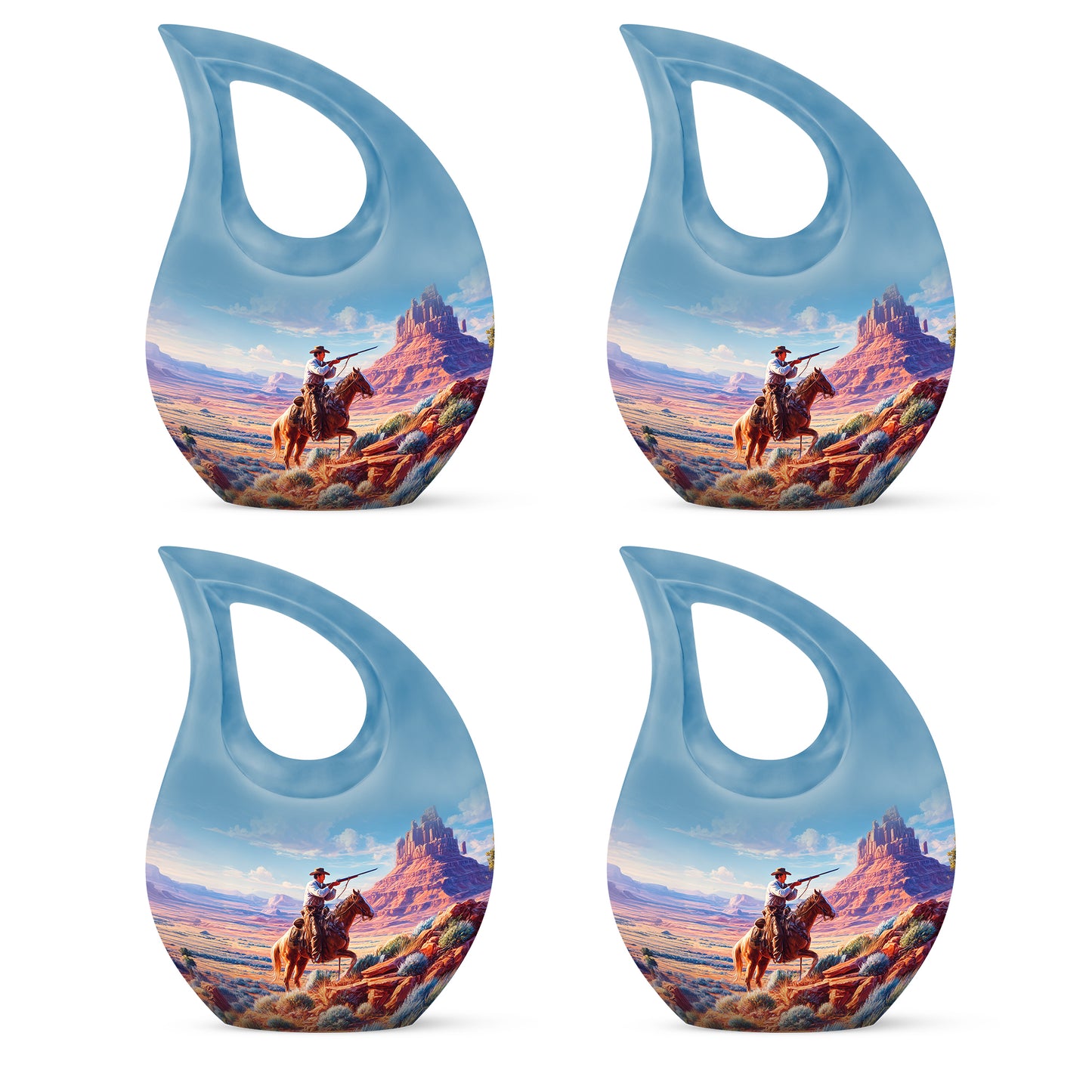 Soft Blue Cowboy Cremation Urn lifestyle display on memorial shelf - devotional cross-drop cowboy engraving - 10 inch aluminum urn for cremated remains