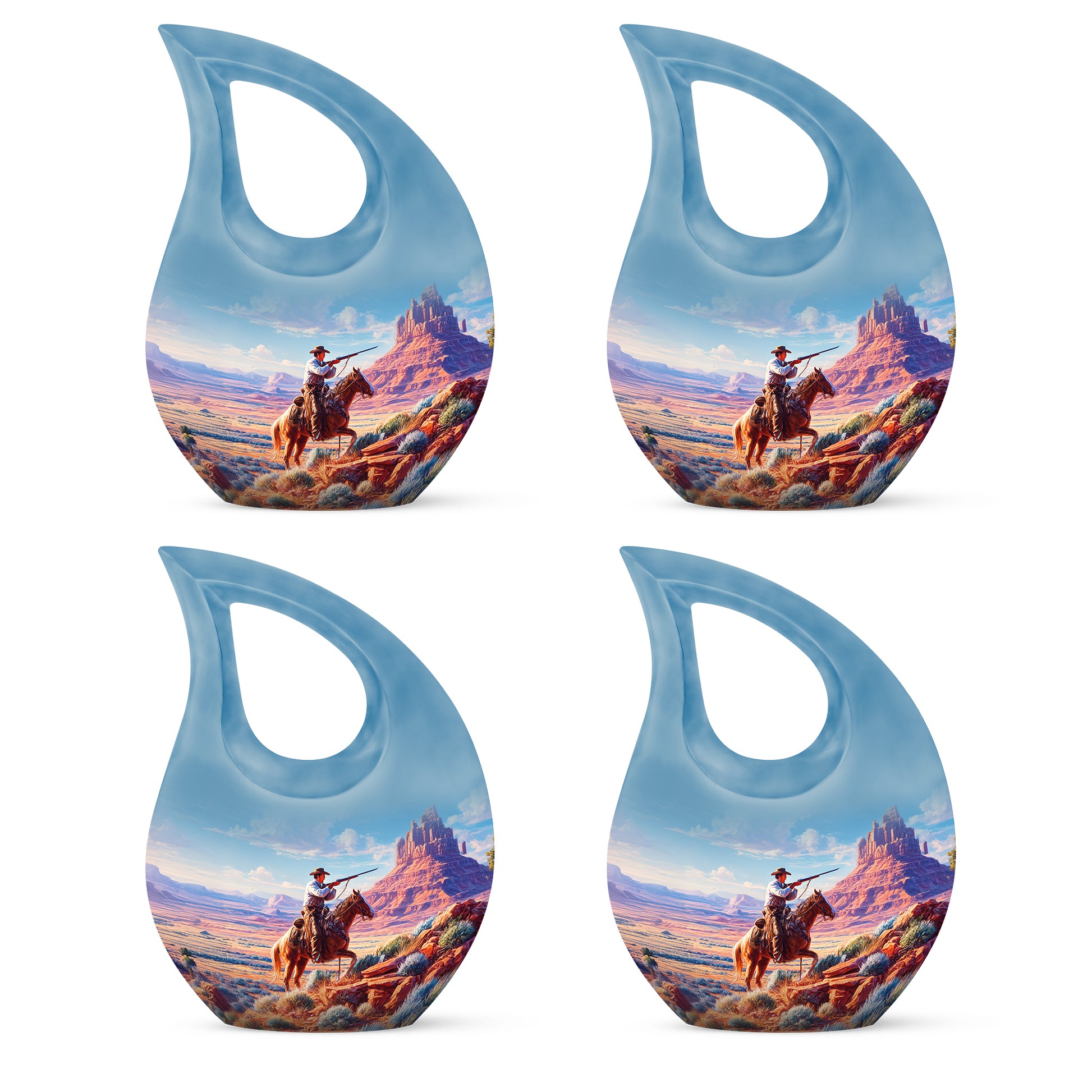 Soft Blue Cowboy Cremation Urn lifestyle display on memorial shelf - devotional cross-drop cowboy engraving - 10 inch aluminum urn for cremated remains