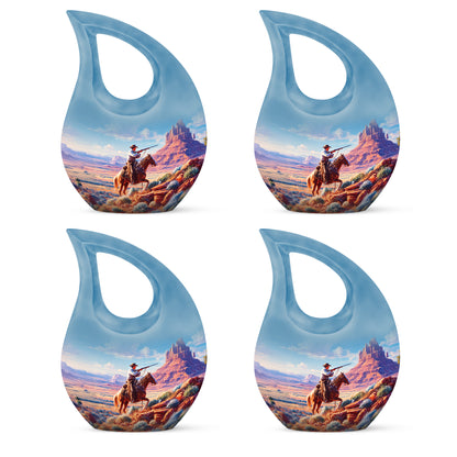 Soft Blue Cowboy Cremation Urn lifestyle display on memorial shelf - devotional cross-drop cowboy engraving - 10 inch aluminum urn for cremated remains