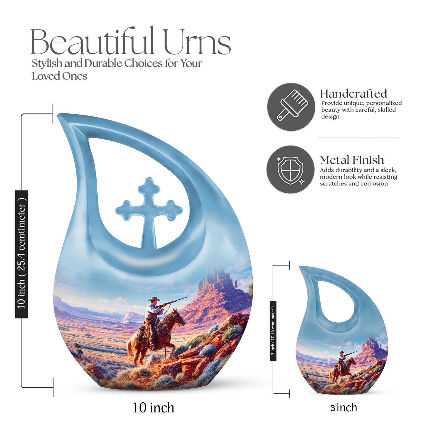 Serene Blue Cowboy Cremation Urn back view with polished surface - faith-inspired cross-drop urn with cowboy pattern - mini keepsake memorial for portion of cremation ashes
