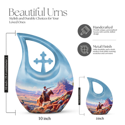 Serene Blue Cowboy Cremation Urn back view with polished surface - faith-inspired cross-drop urn with cowboy pattern - mini keepsake memorial for portion of cremation ashes