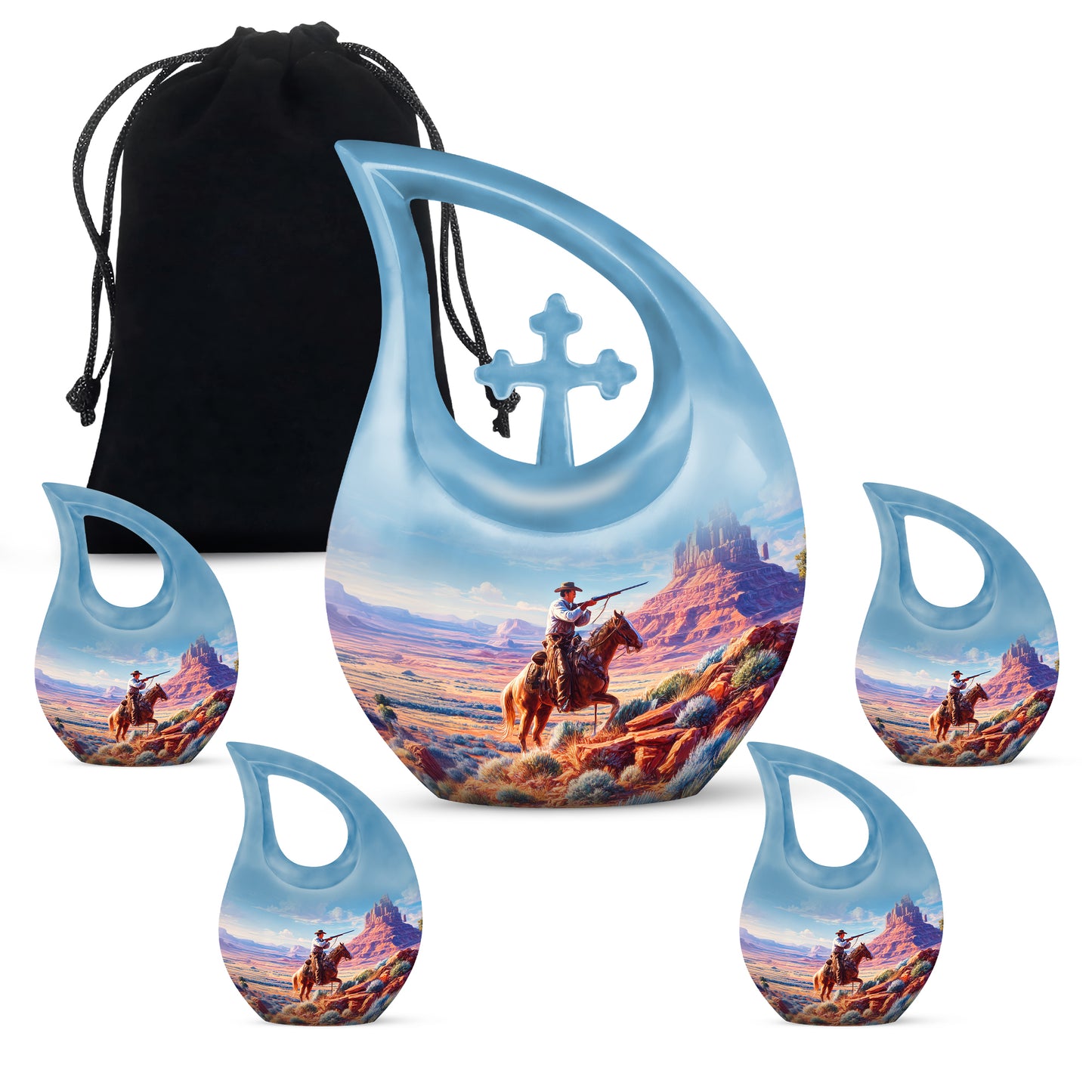 Soft Blue Cowboy Cremation Urn urn with complimentary velvet bag - faith-inspired cross-drop urn with cowboy pattern - memorial set with one large and four small urns