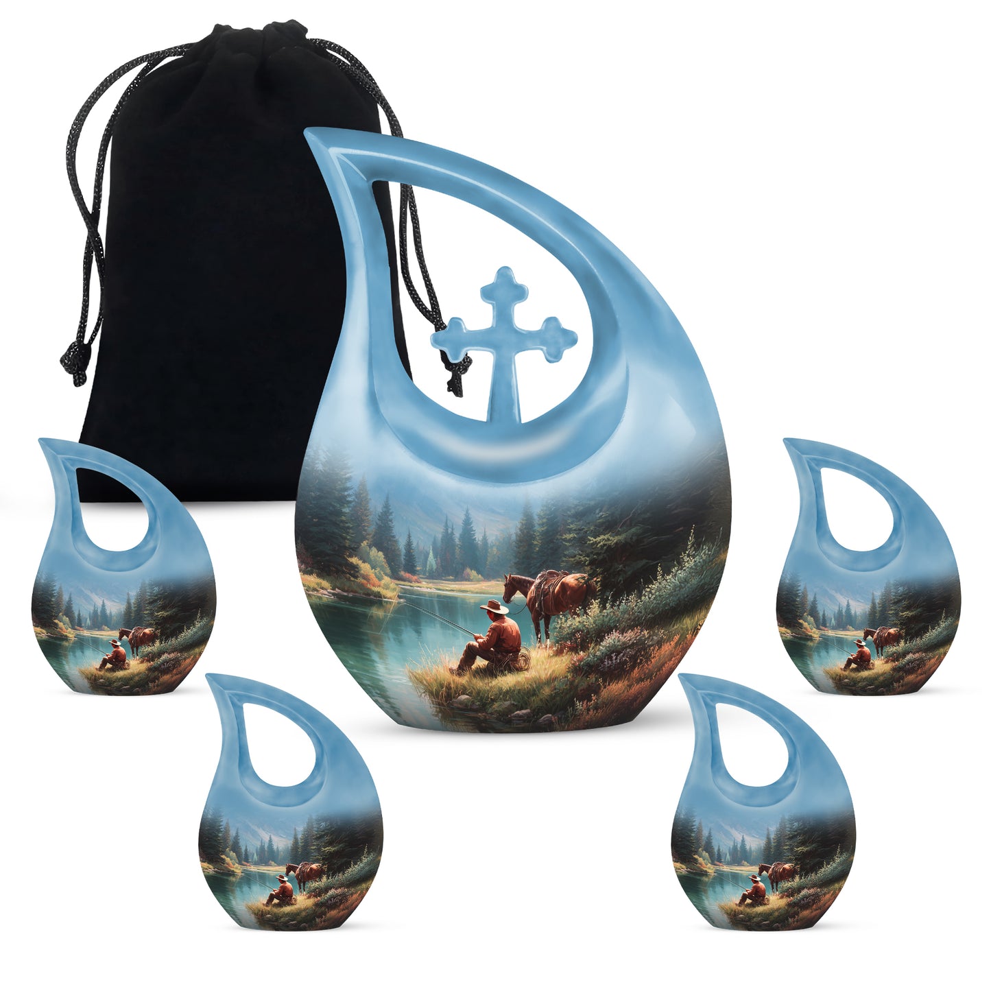 Slate Blue Cowboy Cremation Urn urn with complimentary velvet bag - sacred cross merged with cowboy motif on metal - memorial set with one large and four small urns