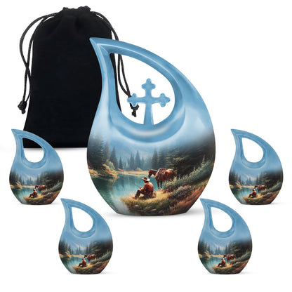 Slate Blue Cowboy Cremation Urn urn with complimentary velvet bag - sacred cross merged with cowboy motif on metal - memorial set with one large and four small urns