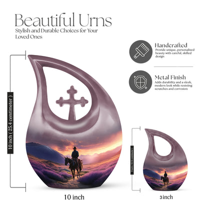 Amethyst Purple Cowboy Cremation Urn back view with polished surface - sacred cross merged with cowboy motif on metal - mini keepsake memorial for portion of cremation ashes