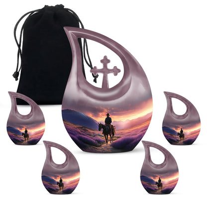 Plum Purple Cowboy Cremation Urn urn with complimentary velvet bag - sacred cross merged with cowboy motif on metal - memorial set with one large and four small urns
