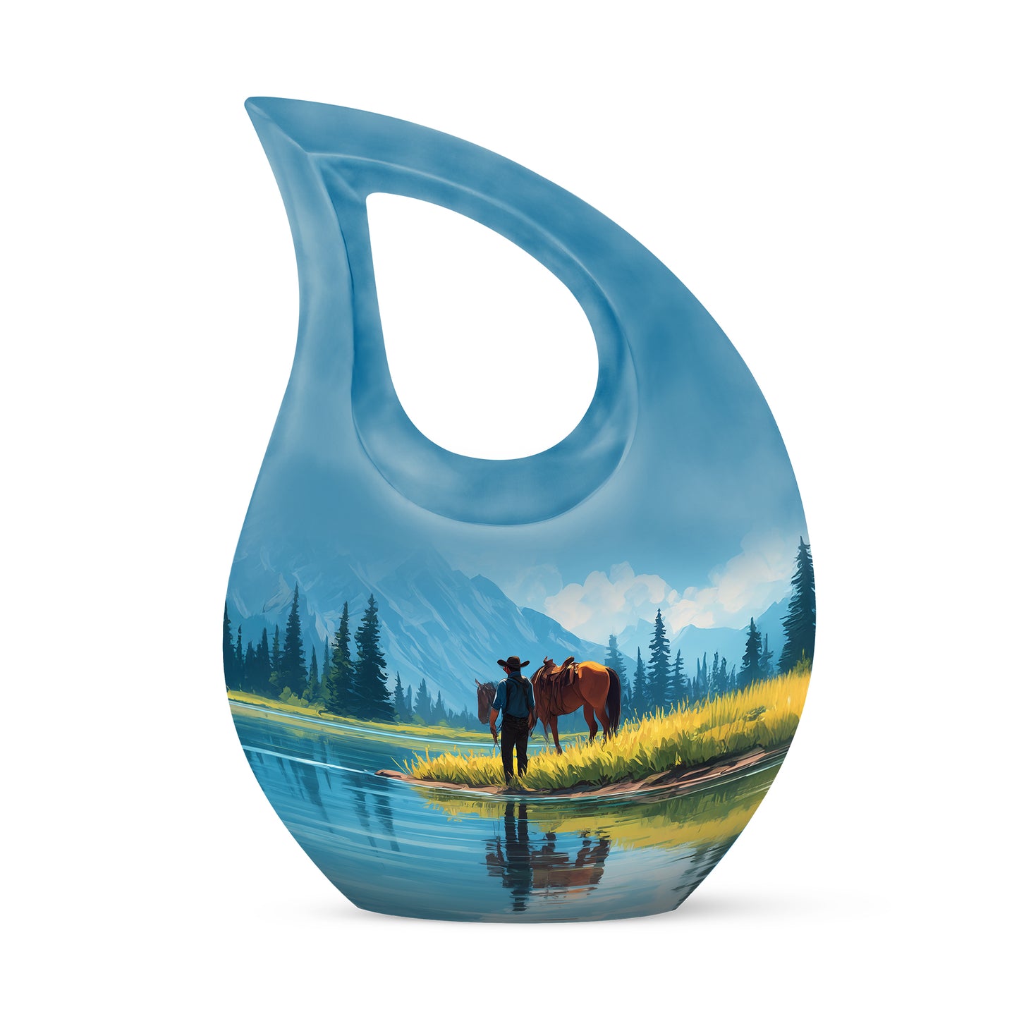 Blue Resounding Cowboy Memorial Urn for Ashes - 10-inch, 200 cu in - Yatskia