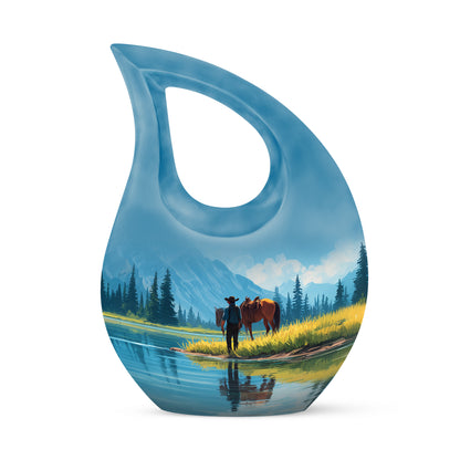 Blue Resounding Cowboy Memorial Urn for Ashes - 10-inch, 200 cu in - Yatskia