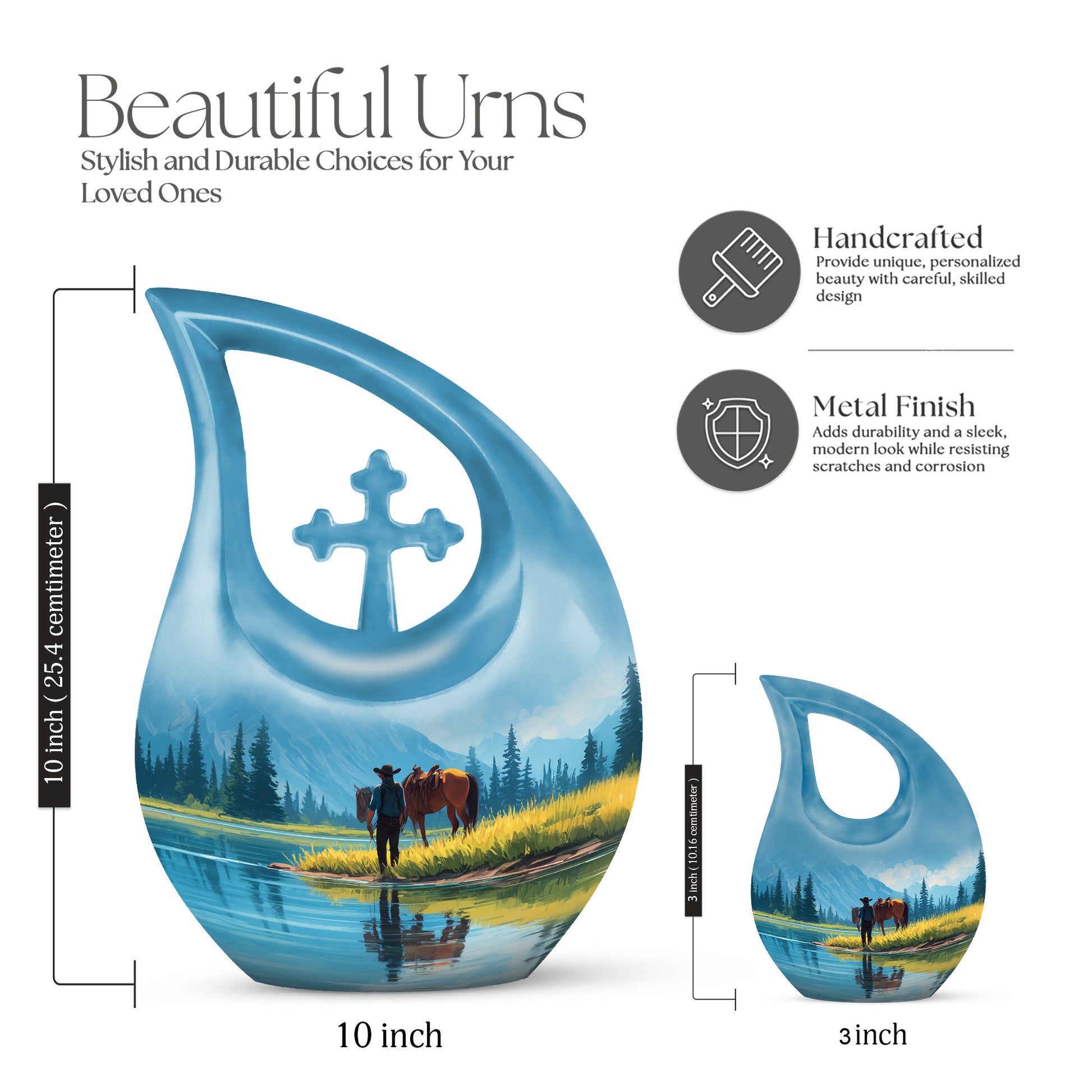 Royal Blue Cowboy Cremation Urn back view with polished surface - faith-inspired cross-drop urn with cowboy pattern - mini keepsake memorial for portion of cremation ashes