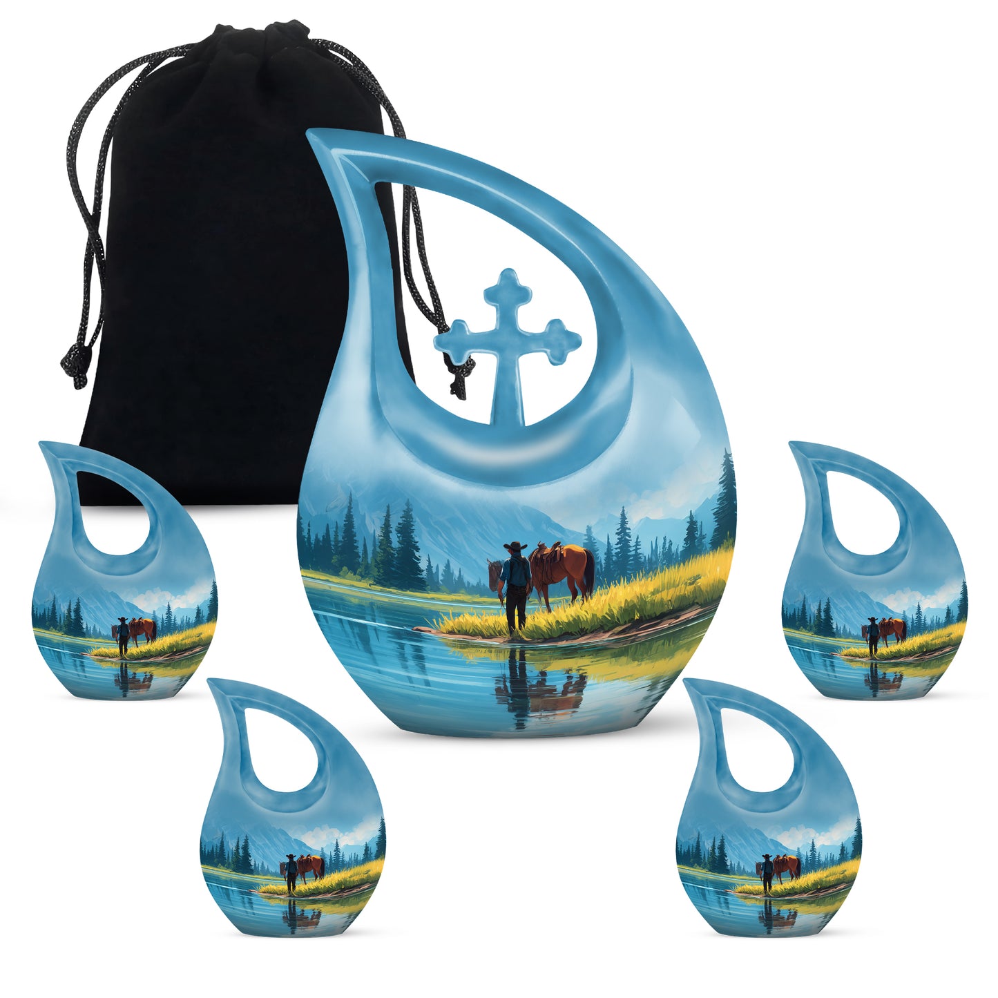 Dusty Blue Cowboy Cremation Urn urn with complimentary velvet bag - cross and cowboy combined in spiritual memorial design - memorial set with one large and four small urns