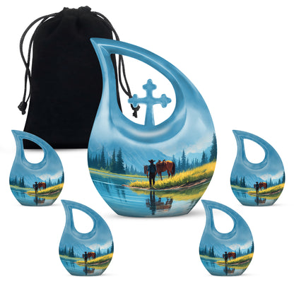 Dusty Blue Cowboy Cremation Urn urn with complimentary velvet bag - cross and cowboy combined in spiritual memorial design - memorial set with one large and four small urns