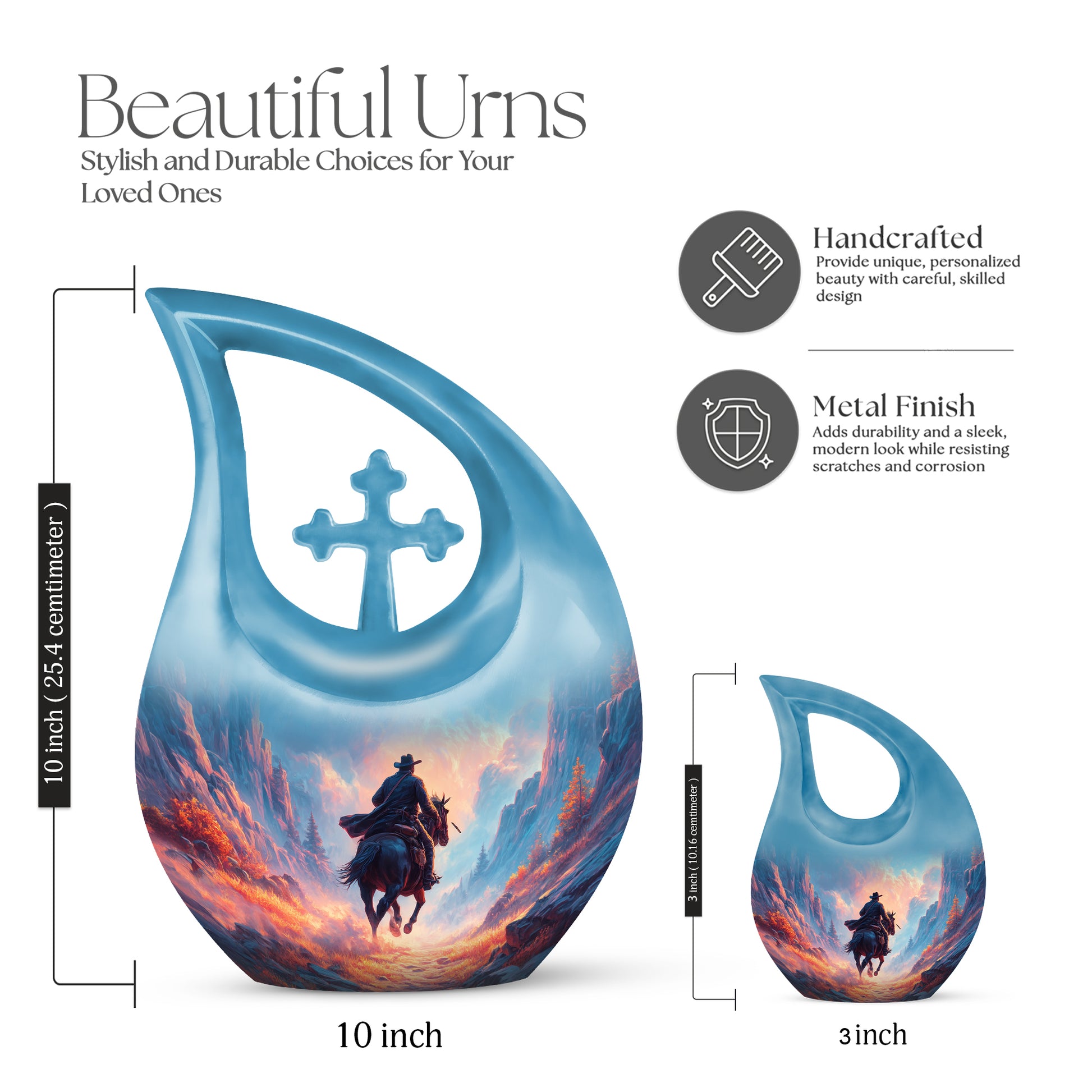 Navy Blue Cowboy Cremation Urn back view with polished surface - cross and cowboy combined in spiritual memorial design - mini keepsake memorial for portion of cremation ashes