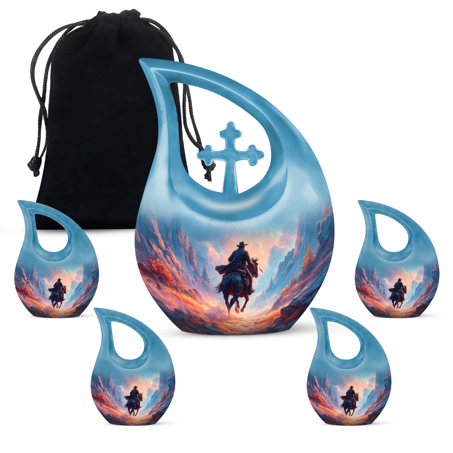 Slate Blue Cowboy Cremation Urn urn with complimentary velvet bag - cross and cowboy combined in spiritual memorial design - memorial set with one large and four small urns