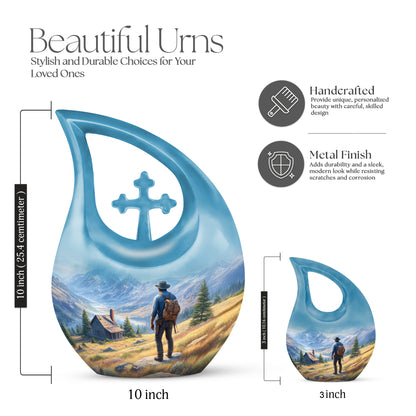 Sky Blue Cowboy Cremation Urn back view with polished surface - cross and cowboy combined in spiritual memorial design - mini keepsake memorial for portion of cremation ashes