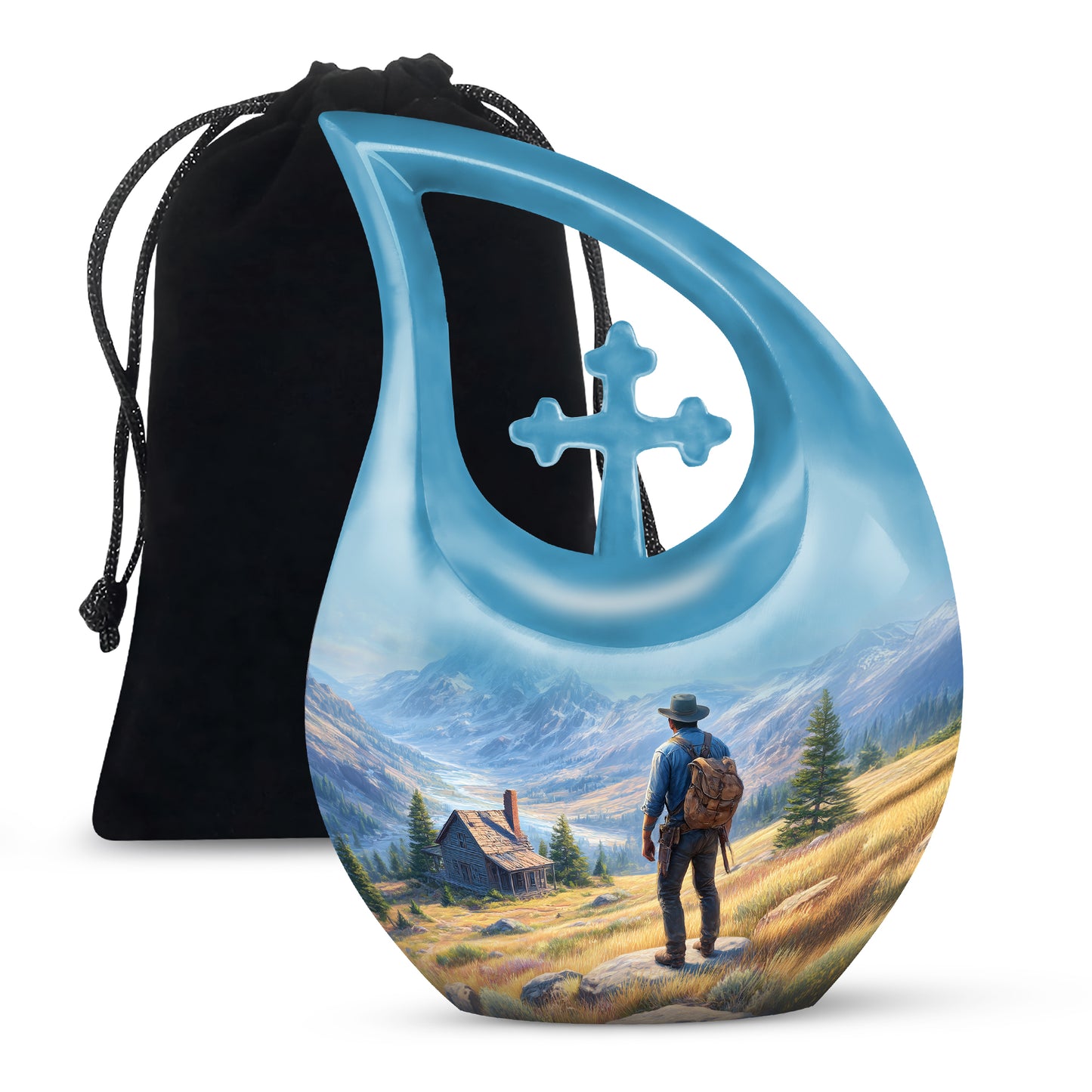 Sapphire Blue Cowboy Cremation Urn top-down view of secure threaded lid - faith-inspired cross-drop urn with cowboy pattern - full-size 10 inch 200 cubic inch adult cremation urn