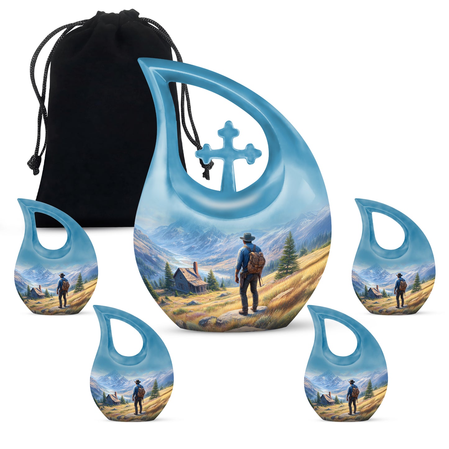 Cornflower Blue Cowboy Cremation Urn urn with complimentary velvet bag - faith-inspired cross-drop urn with cowboy pattern - memorial set with one large and four small urns