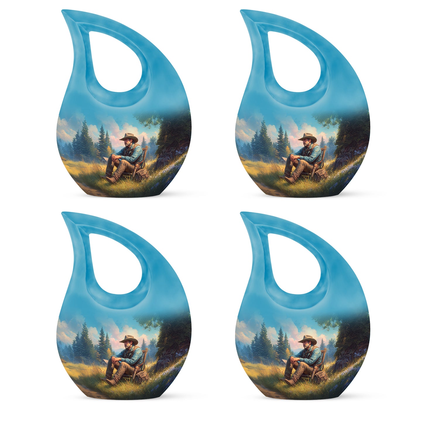 Tropical Teal Cowboy Cremation Urn lifestyle display on memorial shelf - faith-inspired cross-drop urn with cowboy pattern - 10 inch aluminum urn for cremated remains