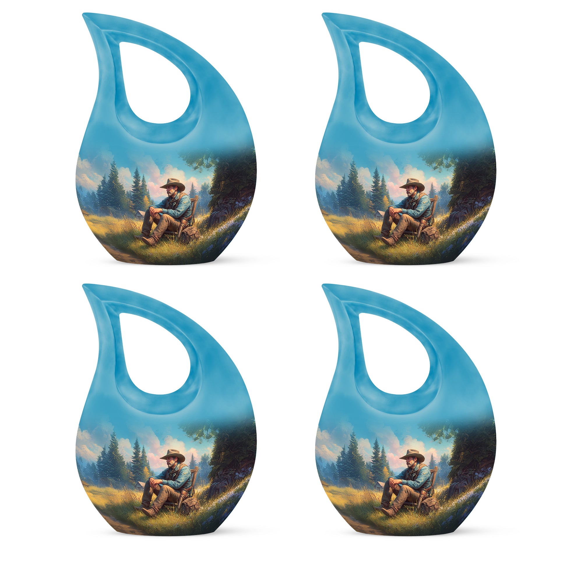 Tropical Teal Cowboy Cremation Urn lifestyle display on memorial shelf - faith-inspired cross-drop urn with cowboy pattern - 10 inch aluminum urn for cremated remains
