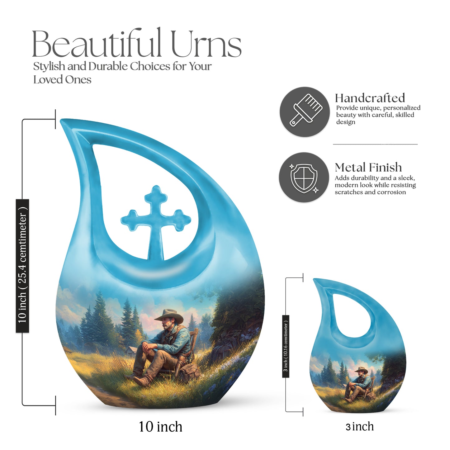 Sea Green Teal Cowboy Cremation Urn back view with polished surface - sacred cross merged with cowboy motif on metal - mini keepsake memorial for portion of cremation ashes