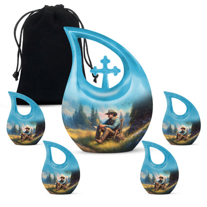 Ocean Teal Cowboy Cremation Urn urn with complimentary velvet bag - cross and cowboy combined in spiritual memorial design - memorial set with one large and four small urns