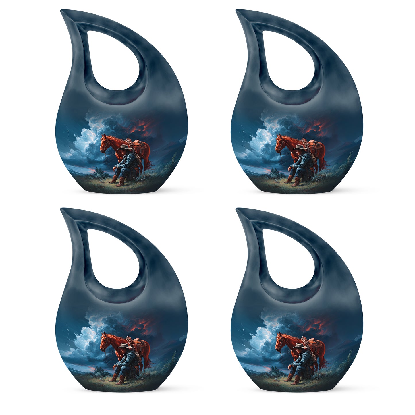 Misty Blue Cowboy Cremation Urn lifestyle display on memorial shelf - cross and cowboy combined in spiritual memorial design - 10 inch aluminum urn for cremated remains