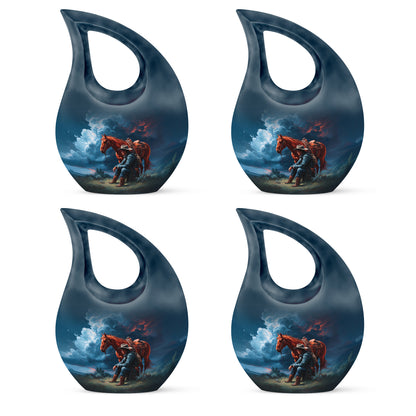Misty Blue Cowboy Cremation Urn lifestyle display on memorial shelf - cross and cowboy combined in spiritual memorial design - 10 inch aluminum urn for cremated remains