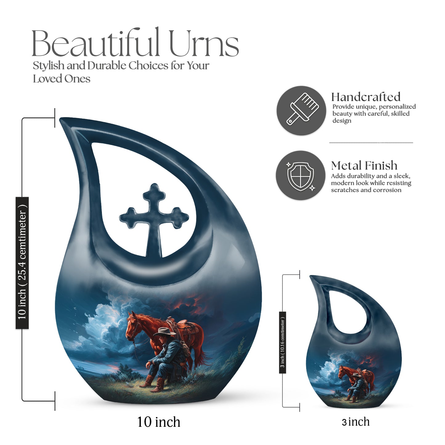 Icy Blue Cowboy Cremation Urn back view with polished surface - cross and cowboy combined in spiritual memorial design - mini keepsake memorial for portion of cremation ashes
