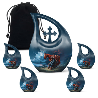 Vivid Blue Cowboy Cremation Urn urn with complimentary velvet bag - devotional cross-drop cowboy engraving - memorial set with one large and four small urns