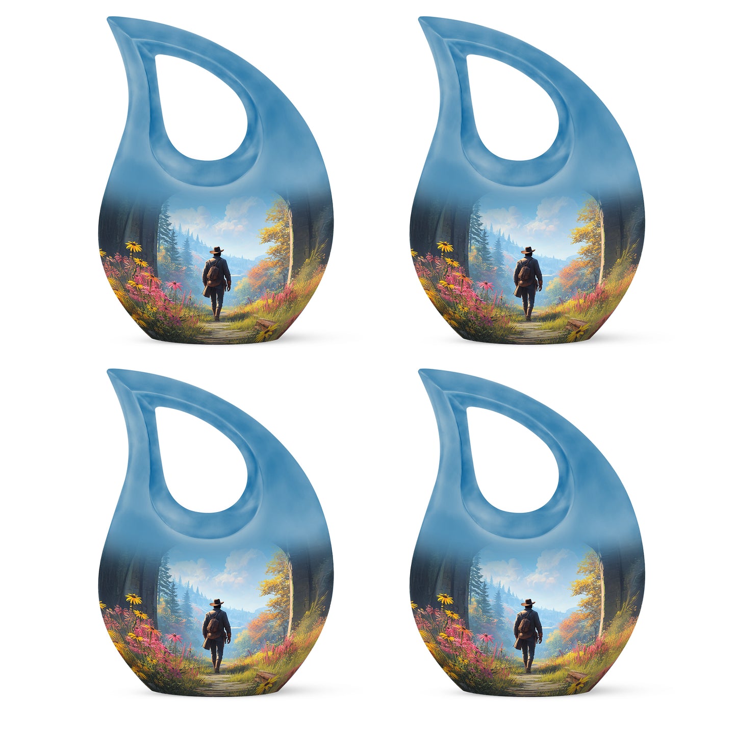 Calming Blue Cowboy Cremation Urn lifestyle display on memorial shelf - faith-inspired cross-drop urn with cowboy pattern - 10 inch aluminum urn for cremated remains