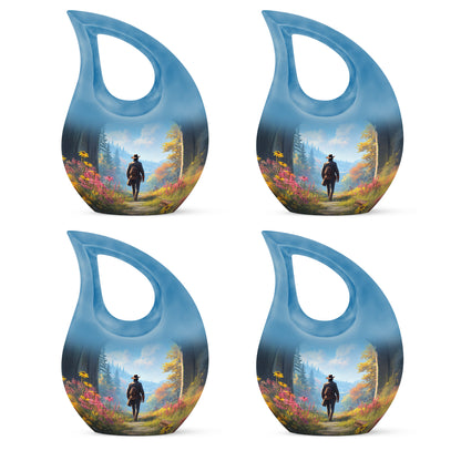 Calming Blue Cowboy Cremation Urn lifestyle display on memorial shelf - faith-inspired cross-drop urn with cowboy pattern - 10 inch aluminum urn for cremated remains