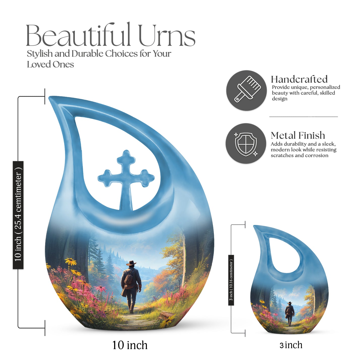 Bright Blue Cowboy Cremation Urn back view with polished surface - faith-inspired cross-drop urn with cowboy pattern - mini keepsake memorial for portion of cremation ashes