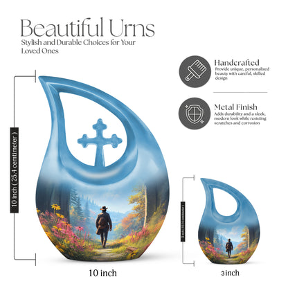 Bright Blue Cowboy Cremation Urn back view with polished surface - faith-inspired cross-drop urn with cowboy pattern - mini keepsake memorial for portion of cremation ashes