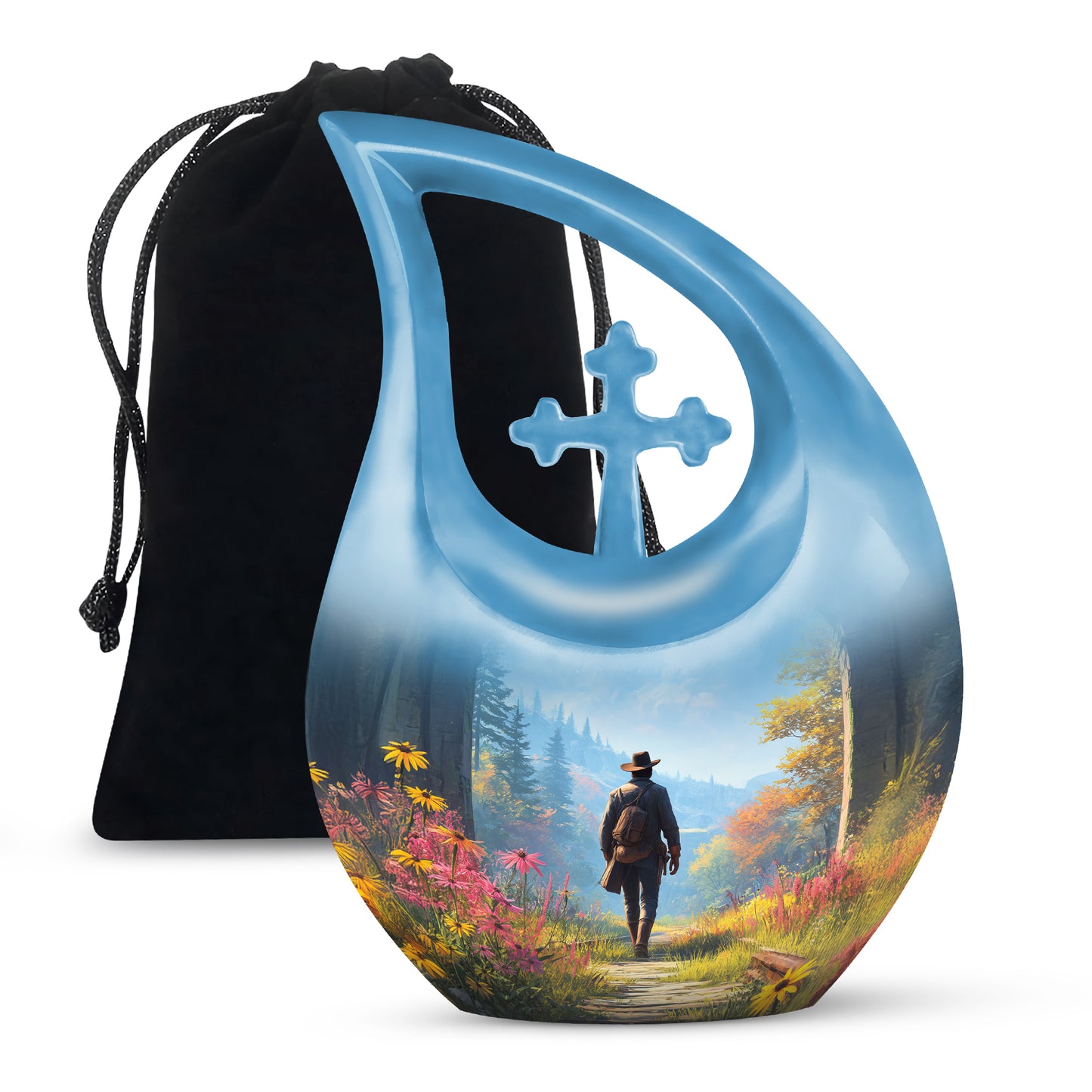 Icy Blue Cowboy Cremation Urn top-down view of secure threaded lid - sacred cross merged with cowboy motif on metal - full-size 10 inch 200 cubic inch adult cremation urn