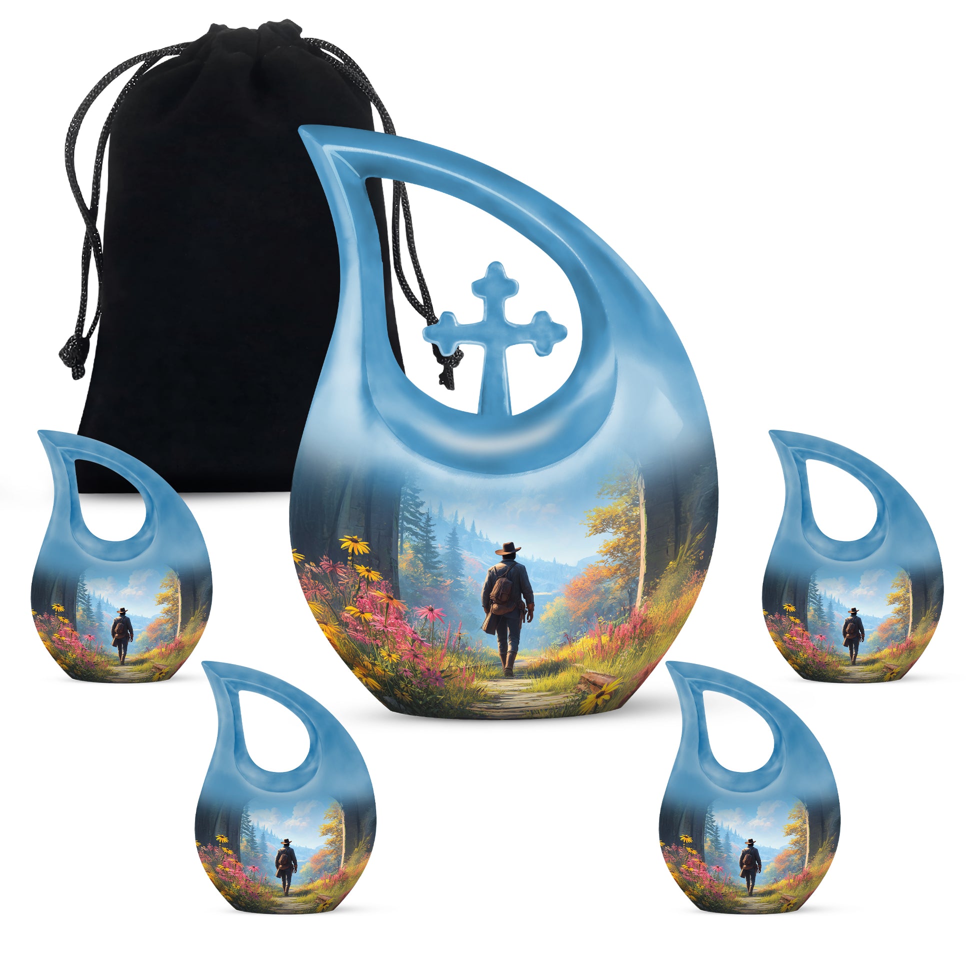 Sky Blue Cowboy Cremation Urn urn with complimentary velvet bag - cross and cowboy combined in spiritual memorial design - memorial set with one large and four small urns
