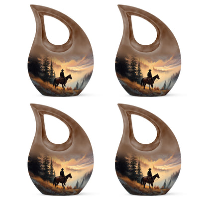 Royal Gold Cowboy Cremation Urn lifestyle display on memorial shelf - faith-inspired cross-drop urn with cowboy pattern - 10 inch aluminum urn for cremated remains