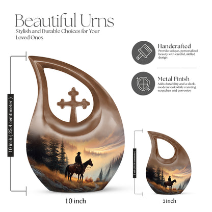 Antique Gold Cowboy Cremation Urn back view with polished surface - sacred cross merged with cowboy motif on metal - mini keepsake memorial for portion of cremation ashes