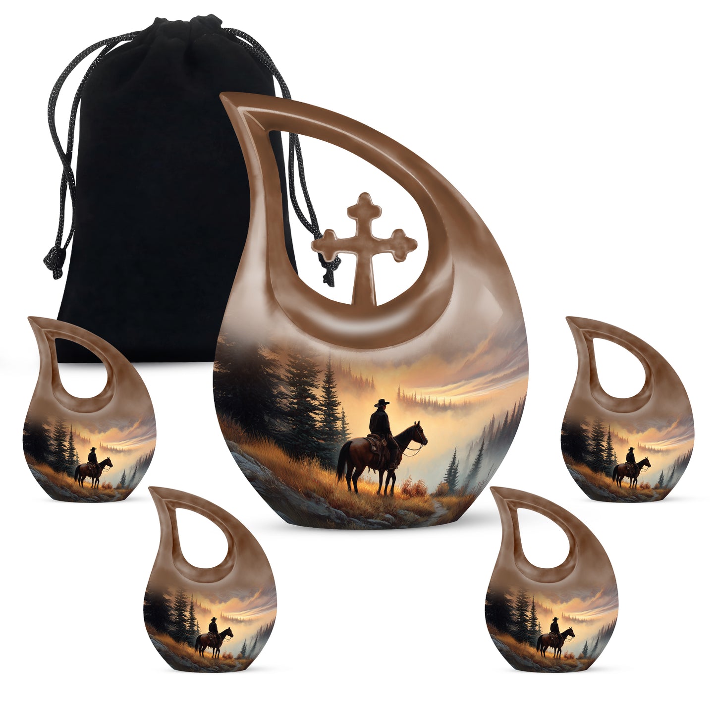 Champagne Gold Cowboy Cremation Urn urn with complimentary velvet bag - sacred cross merged with cowboy motif on metal - memorial set with one large and four small urns