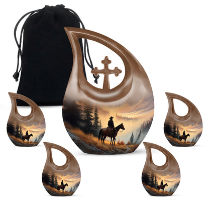 Champagne Gold Cowboy Cremation Urn urn with complimentary velvet bag - sacred cross merged with cowboy motif on metal - memorial set with one large and four small urns