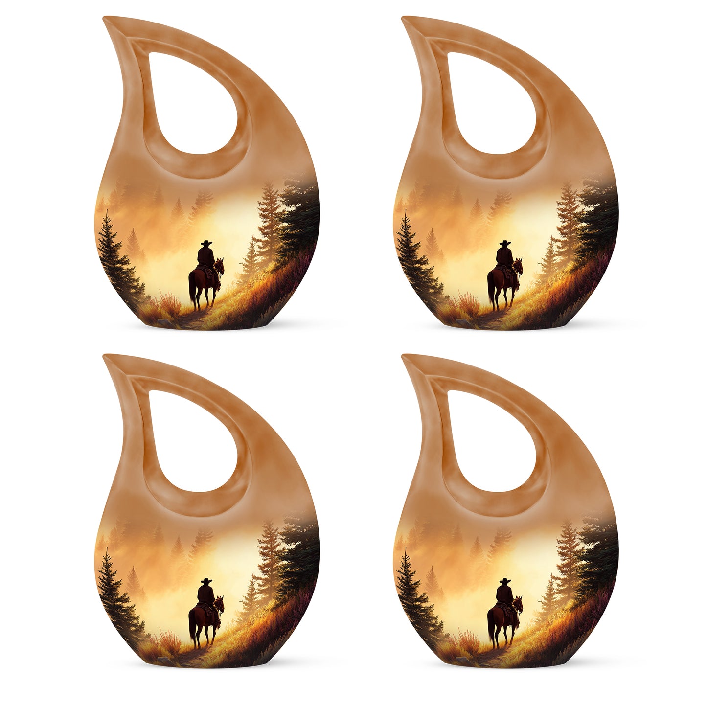 Amber Gold Cowboy Cremation Urn lifestyle display on memorial shelf - sacred cross merged with cowboy motif on metal - 10 inch aluminum urn for cremated remains