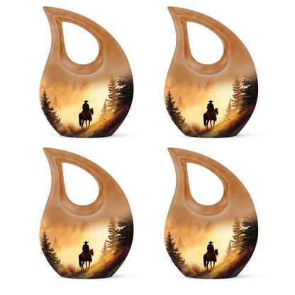 Amber Gold Cowboy Cremation Urn lifestyle display on memorial shelf - sacred cross merged with cowboy motif on metal - 10 inch aluminum urn for cremated remains