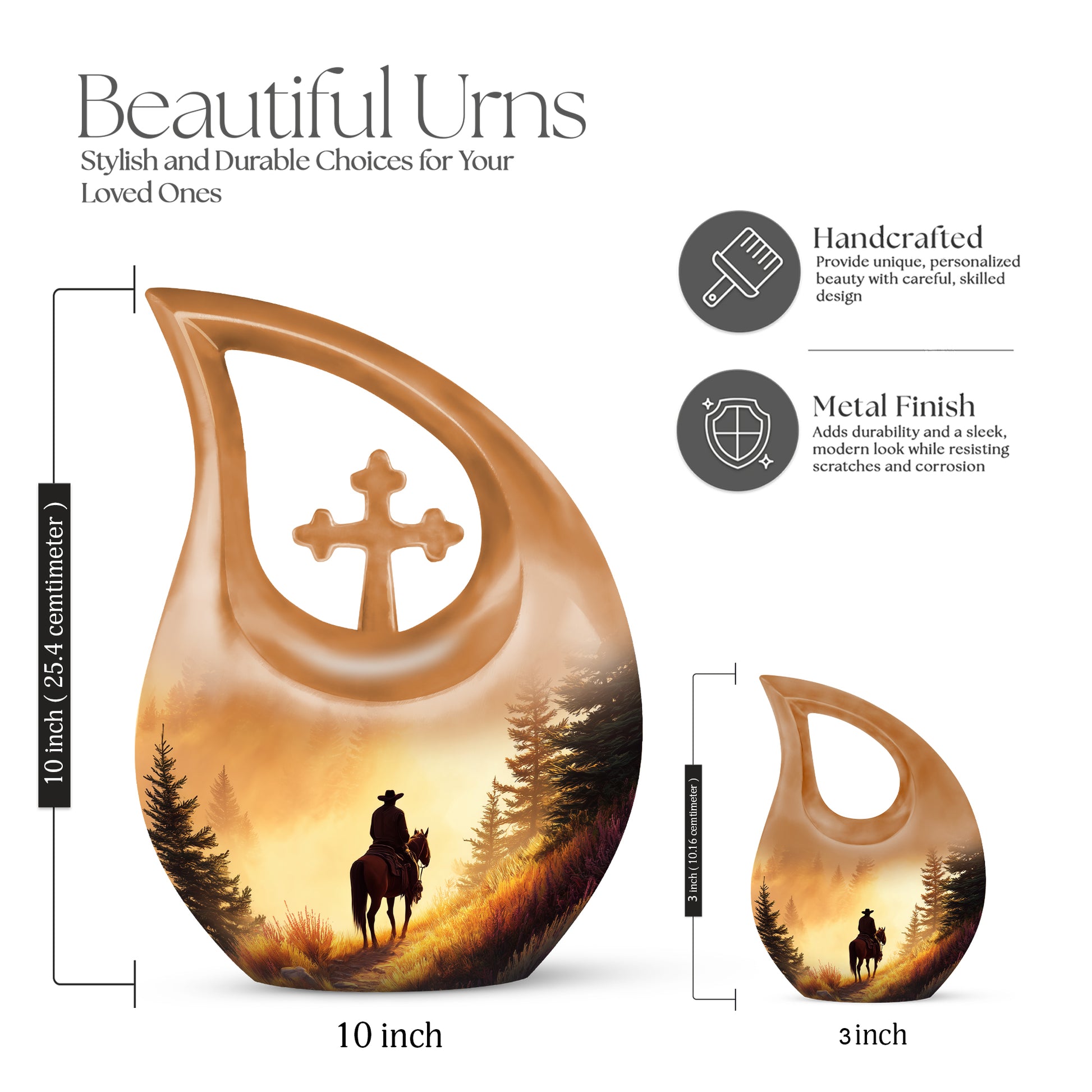Matte Gold Cowboy Cremation Urn back view with polished surface - devotional cross-drop cowboy engraving - mini keepsake memorial for portion of cremation ashes