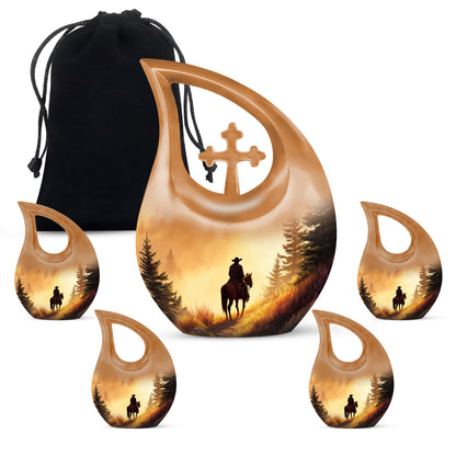 Gilded Gold Cowboy Cremation Urn urn with complimentary velvet bag - cross and cowboy combined in spiritual memorial design - memorial set with one large and four small urns